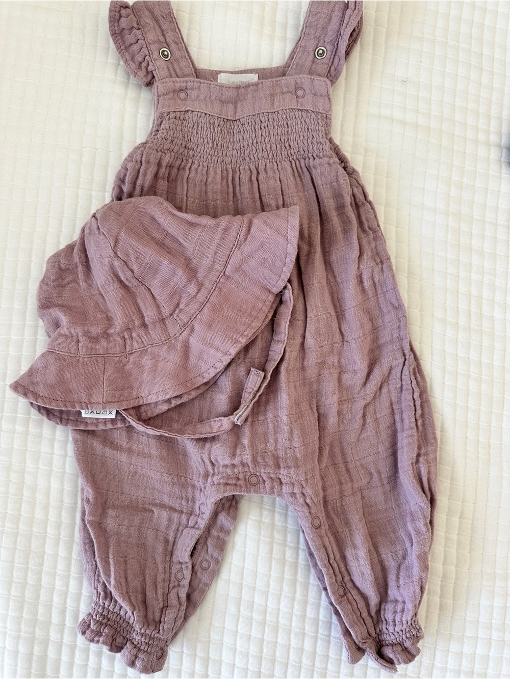 Angel Dear Mauve Muslin Romper with Matching Sun Hat